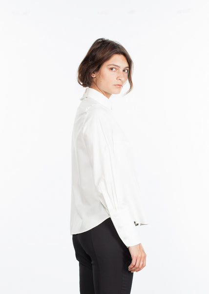 Blouse en popeline à col bordé, blanc cassé