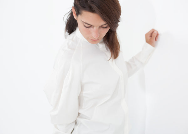 Blouse en popeline à col bordé, blanc cassé